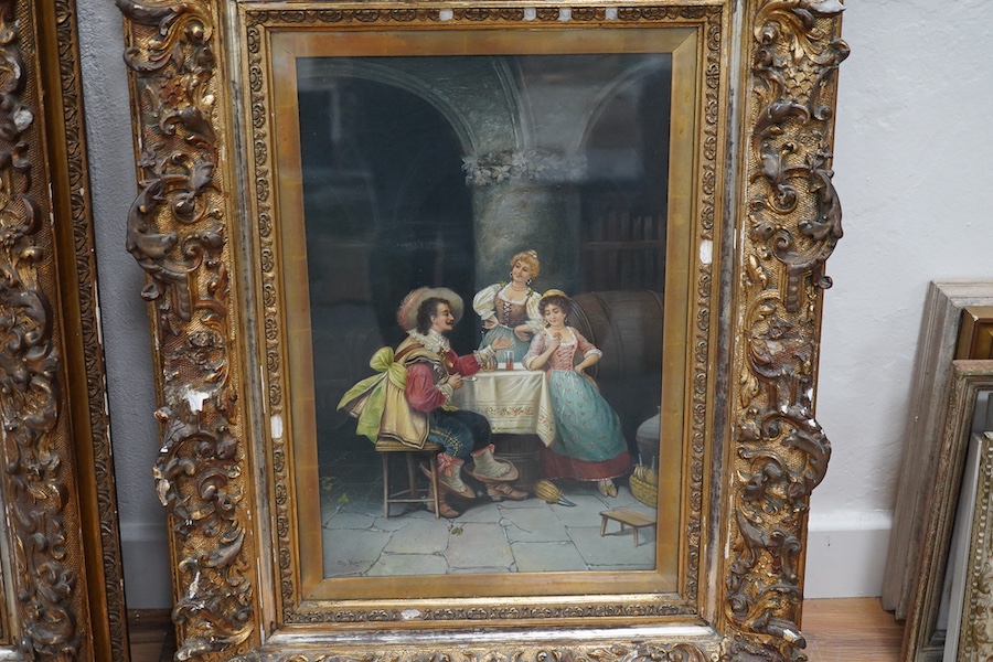 Ch. Mussard (late 19th century), a pair of oils on canvas, Tavern scenes with a fashionable gentleman and two ladies, signed l.l., 46cm x 30cm. Condition - image good condition, frames poor